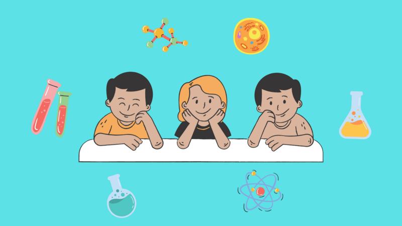 Drei Kinder mit Wissenschaftsobjekten