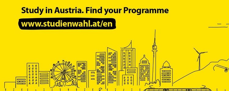 The yellow bookmark "Studienwahl" shows the skyline of Vienna and the wording www.studienwahl.at